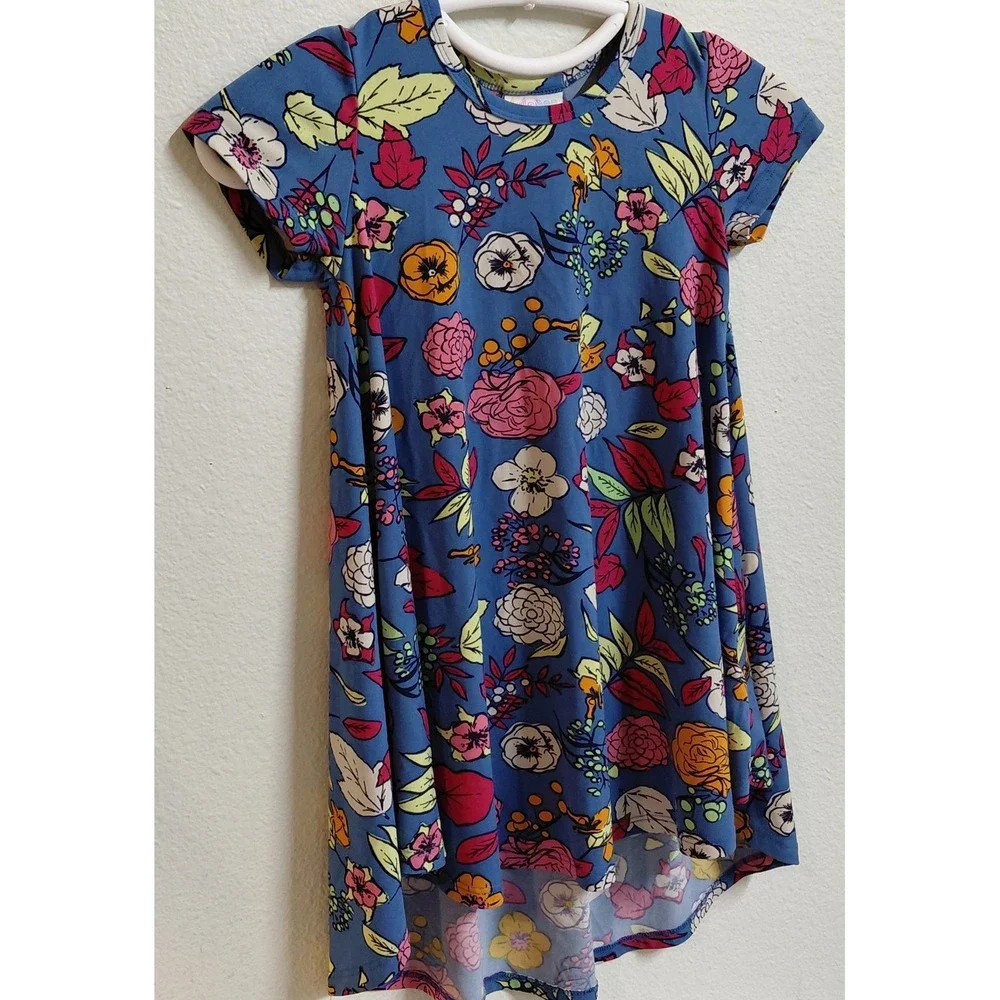 LuLaRoe Girls Scarlett Dress Size 4 Blue Multicolor Floral High Low Short Sleeve